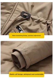 Détail du cordon de serrage à la taille et poignets côtelés coupe-vent sur veste kaki