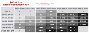Size recommendation chart for men's waterproof jackets showing height and weight matrix