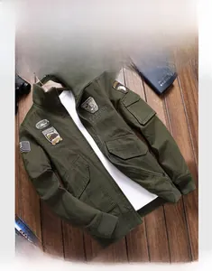 Close-up of military flight jacket featuring embroidered patches and canvas texture
