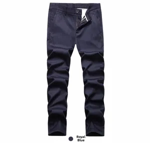 Detail view of royal blue fleece casual pants with metal zipper and button closure