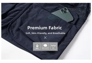 Close-up of a navy outdoor fishing vest with multiple functional pockets and mesh lining