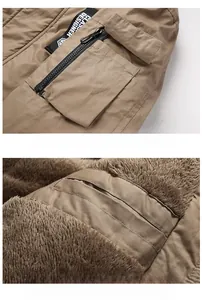 Détail de veste de travail kaki montrant la doublure polaire chaude et la poche tactique