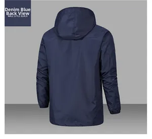 Rear view of denim blue hooded windbreaker jacket with premium water-resistant texture