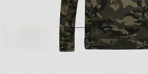 Close-up of military camouflage jacket cuffs and hem featuring metal snap buttons