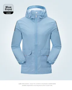 Front view of men's blue breathable sun protection jacket with reflective details