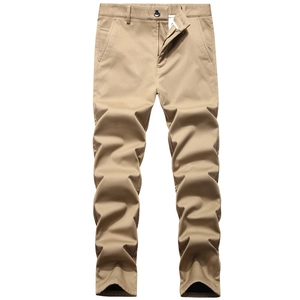 Men's khaki fleece-lined chinos with straight-leg fit and warm cotton fabric texture