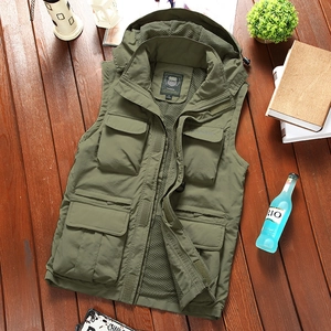 Men's army green hooded outdoor vest with multi-pockets and breathable mesh lining