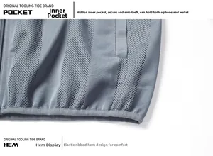 Détail de gilet en maille respirante avec poche intérieure antivol et ourlet élastique