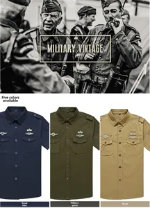 Detail of military style short sleeve shirt showing epaulettes and chest embroidery