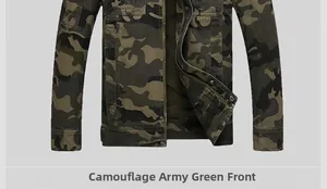 Detail of camo military green cargo jacket with zipper and snap button closure
