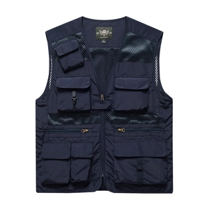 Front view of dark blue tactical mesh vest with multi-pocket design and zip closure