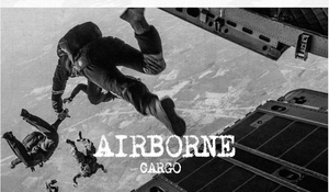 Dramatic macro view of airborne paratroopers jumping for military cargo gear promotion