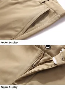 Detailed macro view of metal zipper closure and side pocket stitching on men's khaki pants