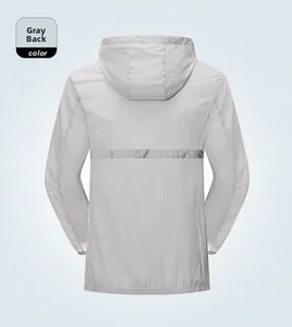 Detail view of light grey sun protection jacket with horizontal reflective safety strip on back
