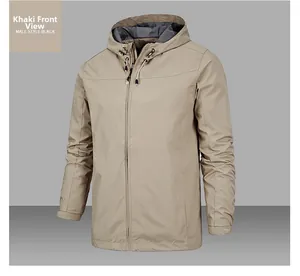 Detail of khaki outdoor jacket showing adjustable velcro cuffs and smooth zipper closure