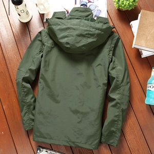Army green waterproof outdoor jacket with breathable mesh lining and adjustable hood