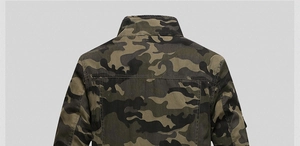 Detail of military camo jacket back and stand collar with reinforced double stitching