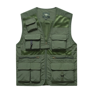 Army green multi-pocket outdoor mesh vest for fishing and tactical utility wear
