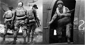 Detail of WWII US Army paratrooper M42 jacket and vintage military gear in action