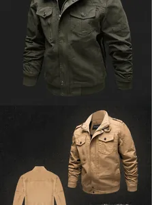 Detail of military-style tactical flight jacket with snap button collar and flap pockets