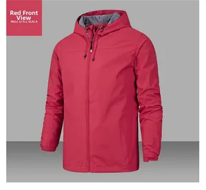 Detail of red men's outdoor jacket with adjustable hood and full-length zipper