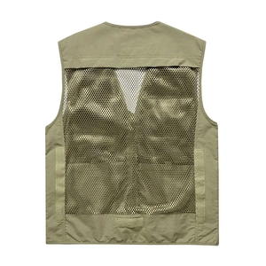 Rear view of tactical olive green outdoor vest featuring large breathable mesh panel