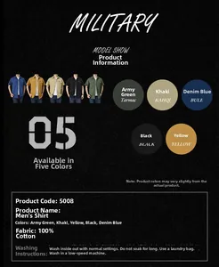 Detail chart of 100% cotton short sleeve military shirts in five versatile colors