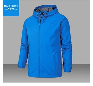 Detail of blue men's windbreaker featuring adjustable hood drawstrings and zipper closure
