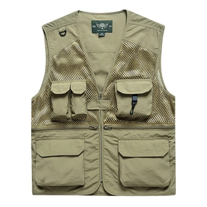 Men's Multi-Pocket Mesh Vest Outdoor Fishing Photography Utility Waistcoat Breathable Lightweight Sleeveless Jacket With Zipper