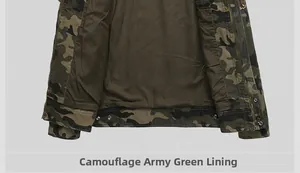 Detail view of the camouflage jacket inner lining and metal buckle closure mechanism