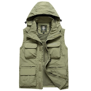 Army green outdoor multi-pocket hooded vest with breathable mesh lining and zipper