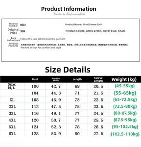 Detailed size chart for men's cotton short sleeve shirt showing bust and shoulder dimensions