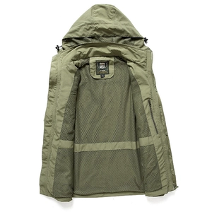 Men's military green waterproof hooded jacket with breathable mesh lining and hood