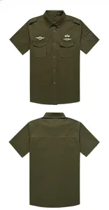 Detail view of army green cotton shirt with tactical pockets and military embroidery