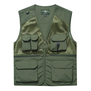 Army green multi-pocket mesh fishing vest for photography and outdoor utility wear