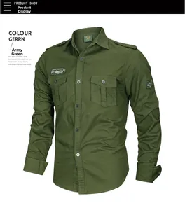 Detail of army green cotton military shirt featuring epaulettes and embroidered patches