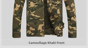 Close-up of the camouflage jacket featuring metal zipper and snap button closure