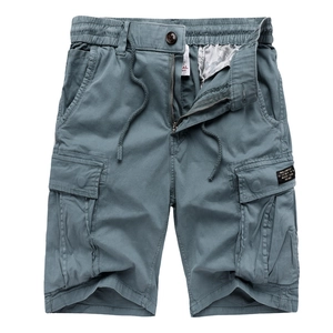 Grey-blue men's cargo shorts with elastic drawstring waist and large utility side pockets