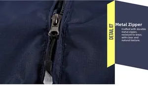 Detail macro shot of high-quality navy blue fabric with durable silver metal zipper closure