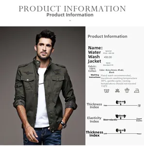 Detailed size chart and fabric specifications for the men's cotton military cargo jacket