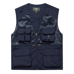 Men's dark blue multi-pocket mesh fishing vest for outdoor photography and work