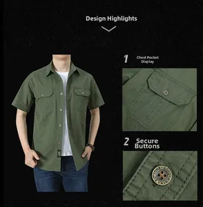 Detail view of durable buttons and chest pockets on military green cotton shirt