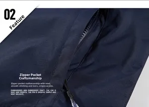 Detailed close-up of side zipper pocket on a navy blue waterproof outdoor jacket