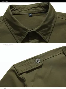Detail of army green cotton shirt collar and shoulder straps with twill fabric texture