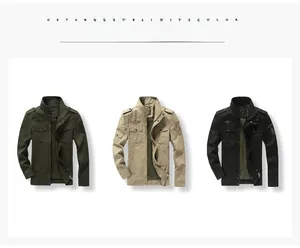 Tactical military style jackets shown in Army Green, Khaki and Black color variants