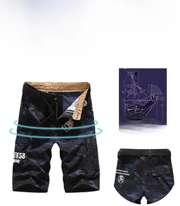 Detail of cargo shorts with blue camouflage pattern and multi-pocket ergonomic 3D design