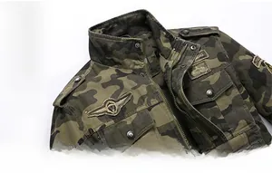Close-up of military camouflage jacket featuring tactical badges and stand collar