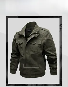 Detailed view of army green military jacket with shoulder straps and utility cargo pockets