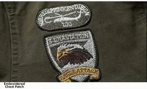 Close-up of military jacket chest with detailed eagle and helicopter embroidery