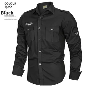 Detail of black tactical shirt showing cargo chest pockets and shoulder epaulettes